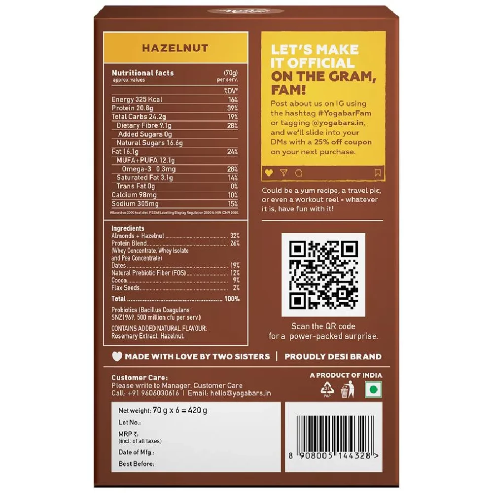 Yoga Bar 20g Protein Bars - Hazelnut, No Added Sugar, Loaded With Fibre, 70 g (Pack of 6)-2.webp